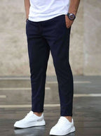 Christian | Men's Slim Fit Trousers with Drawstring, Dark Blue Chinos | Bella Blue | Black