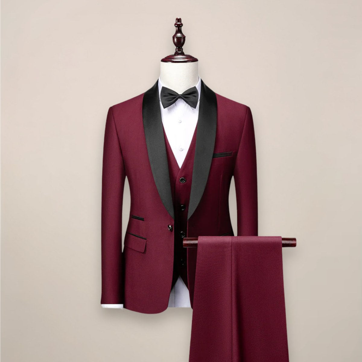 Christopherpython3 | Men's Tailored Three-Piece Tuxedo Suit, Shawl-Lapel Formalwear | Bella Blue | Wine Red