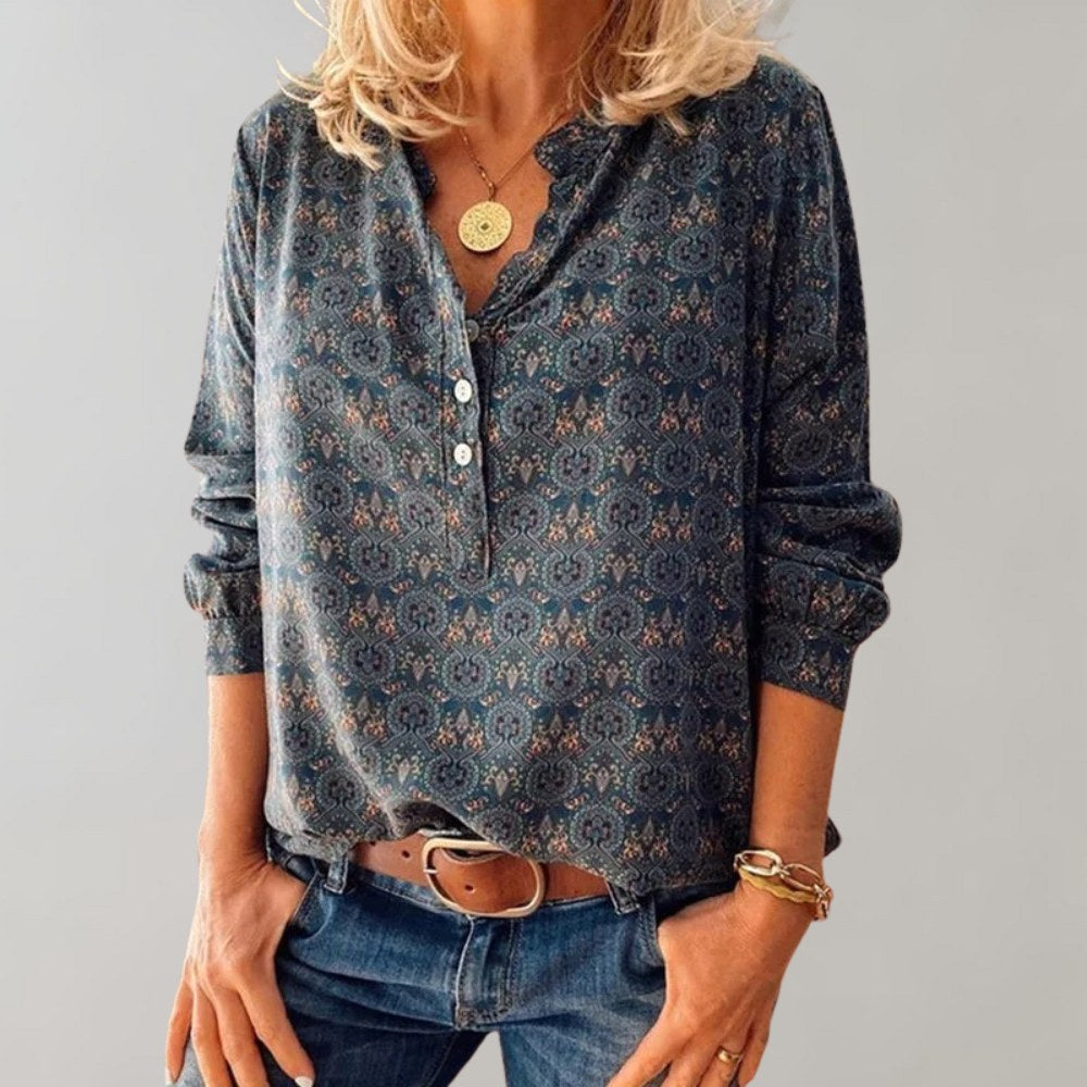 Clara | Women's Bohemian Print Blouse, Fluid Cut Shirt | Bella Blue