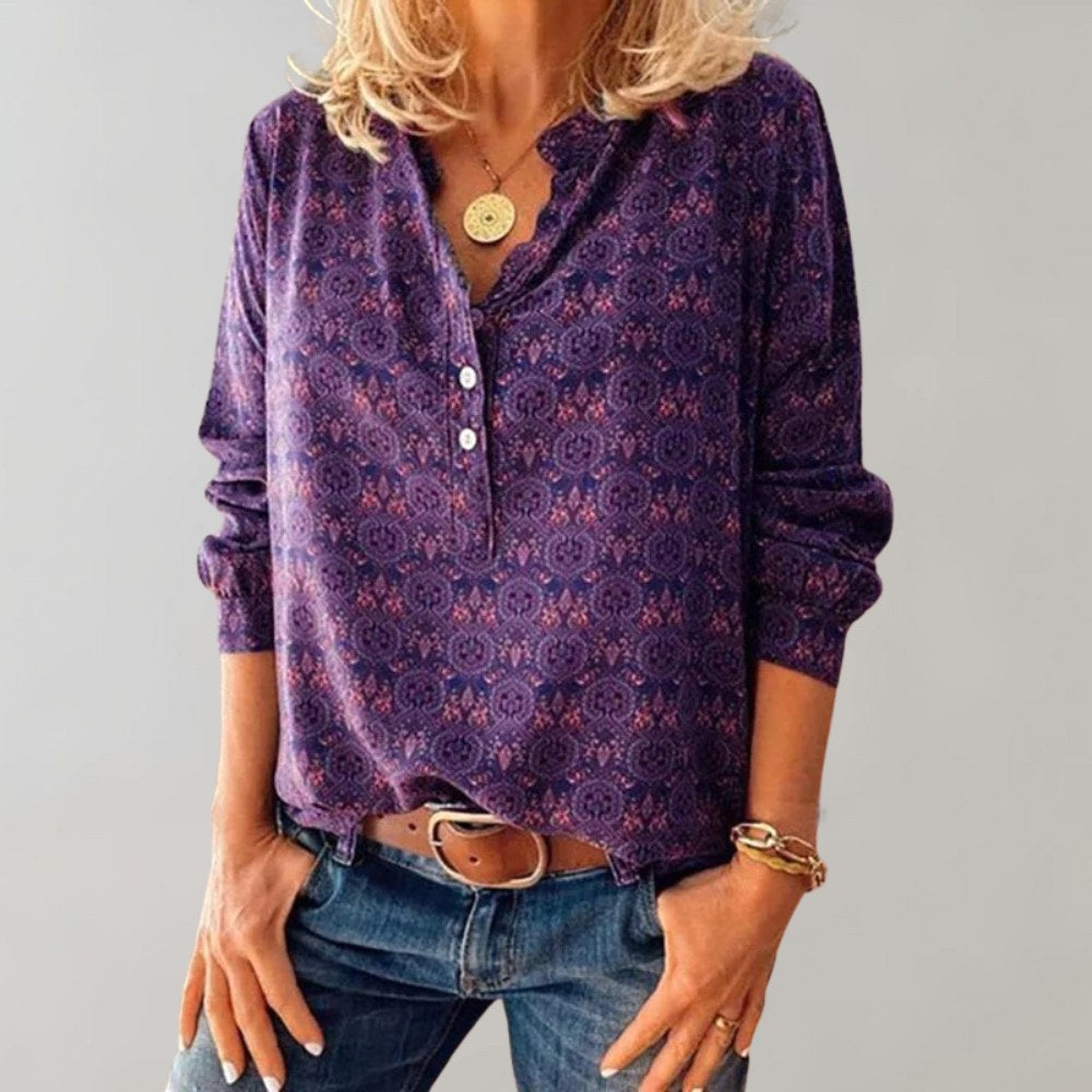Clara | Women's Bohemian Print Blouse, Fluid Cut Shirt | Bella Blue