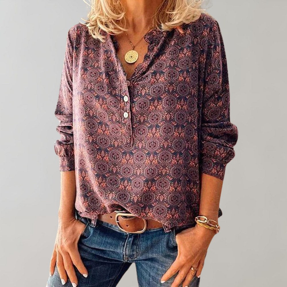 Clara | Women's Bohemian Print Blouse, Fluid Cut Shirt | Bella Blue