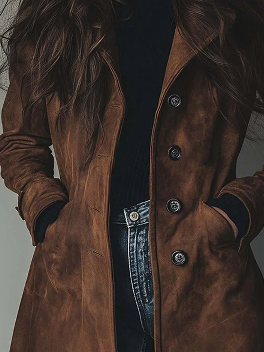 Clara | Women's Suede-Effect Trench Coat, Vintage-Inspired Autumn Coat | Bella Blue