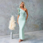 Claudine | Women's One-Shoulder Maxi Dress with Ruffled Detail, Fitted Evening Dress | Bella Blue | Dark Blue