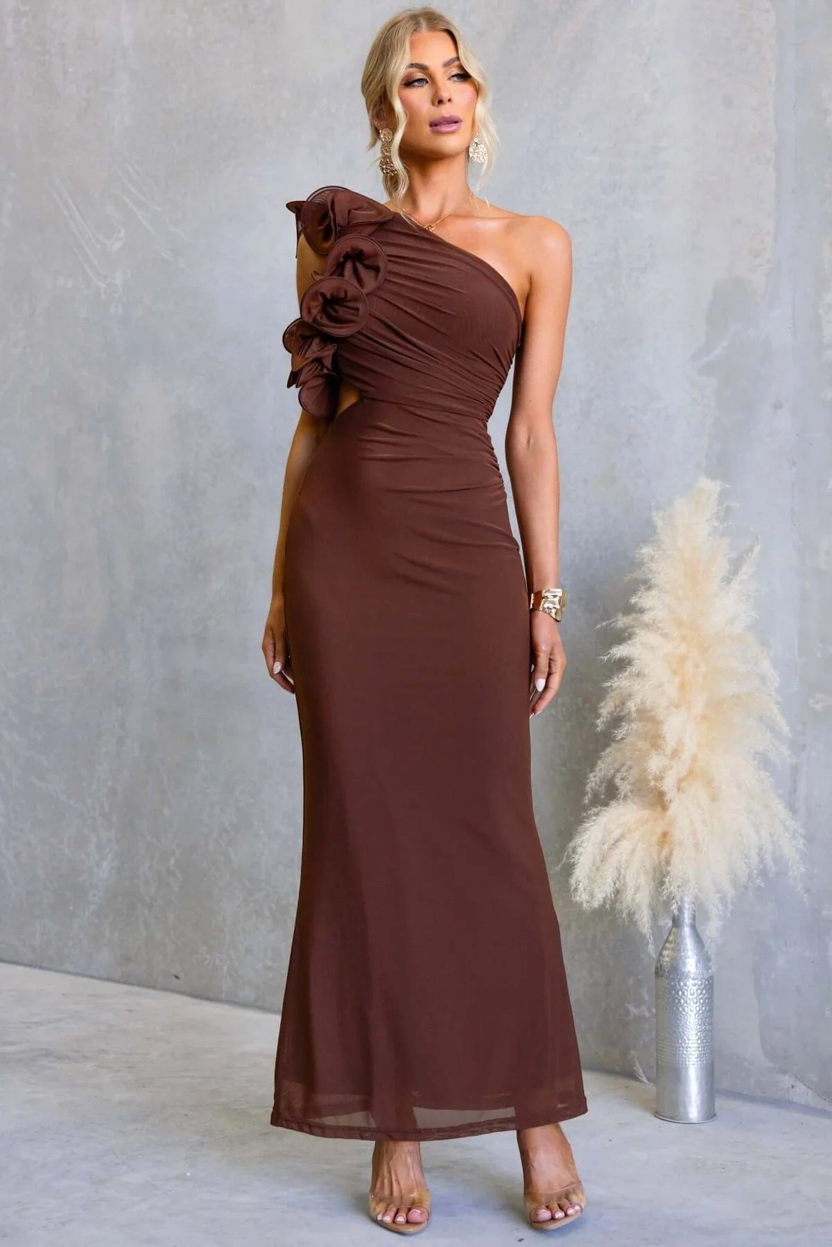 Claudine | Women's One-Shoulder Maxi Dress with Ruffled Detail, Fitted Evening Dress | Bella Blue | Burgundy