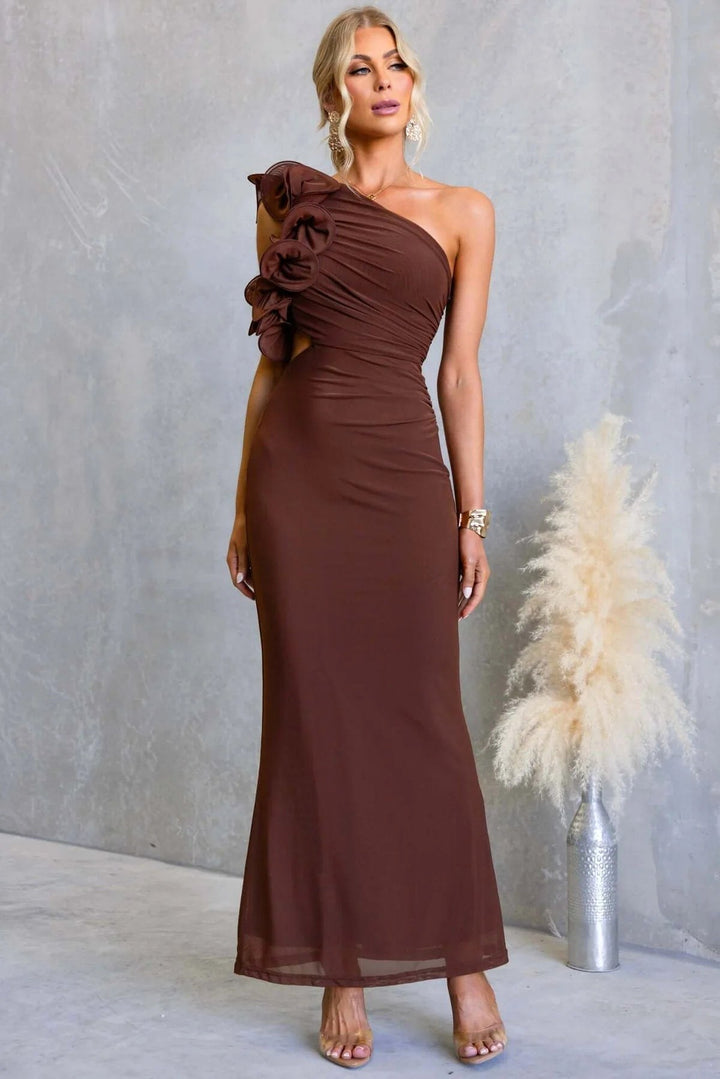 Claudine | Women's One-Shoulder Maxi Dress with Ruffled Detail, Fitted Evening Dress | Bella Blue | Burgundy