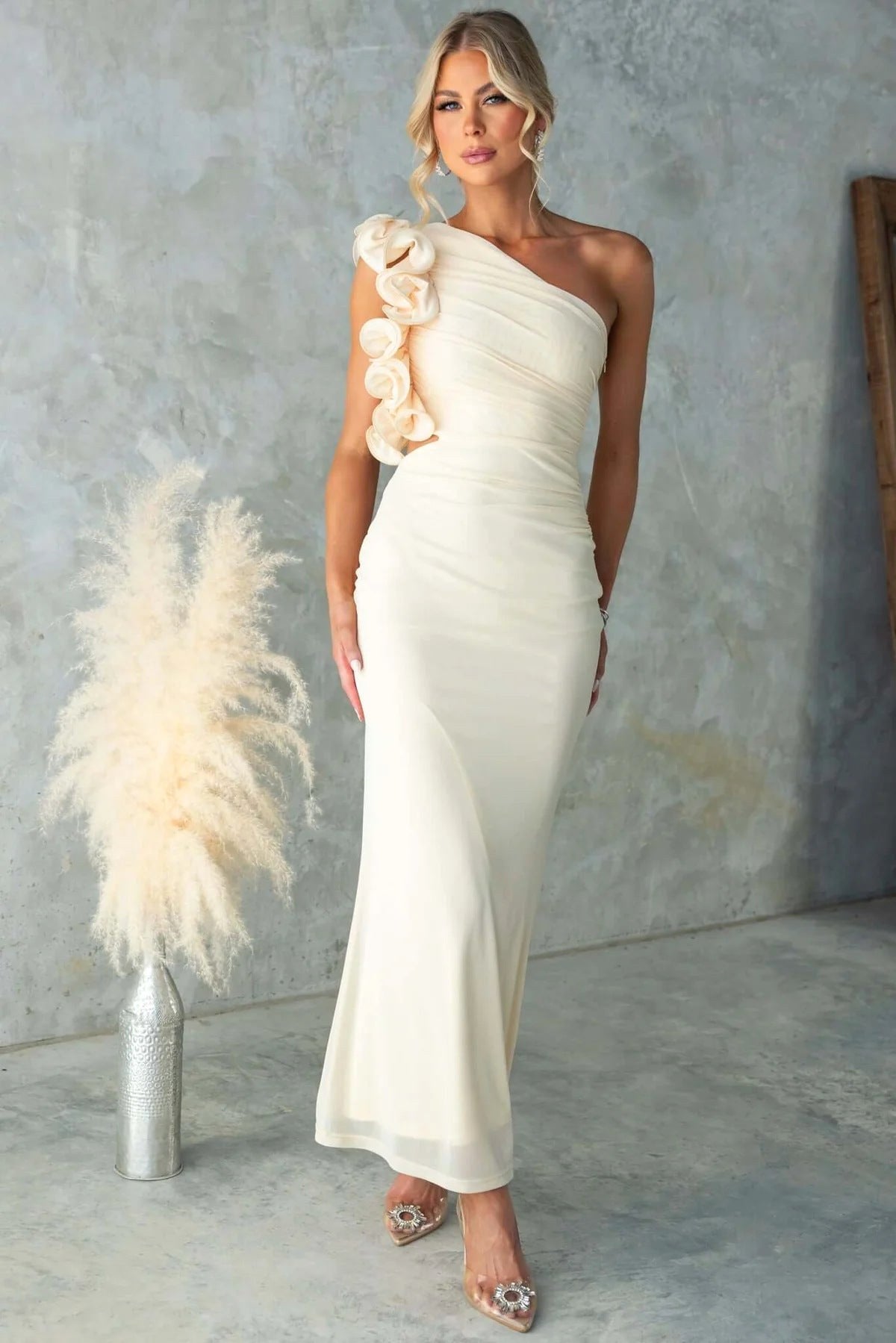 Claudine | Women's One-Shoulder Maxi Dress with Ruffled Detail, Fitted Evening Dress | Bella Blue