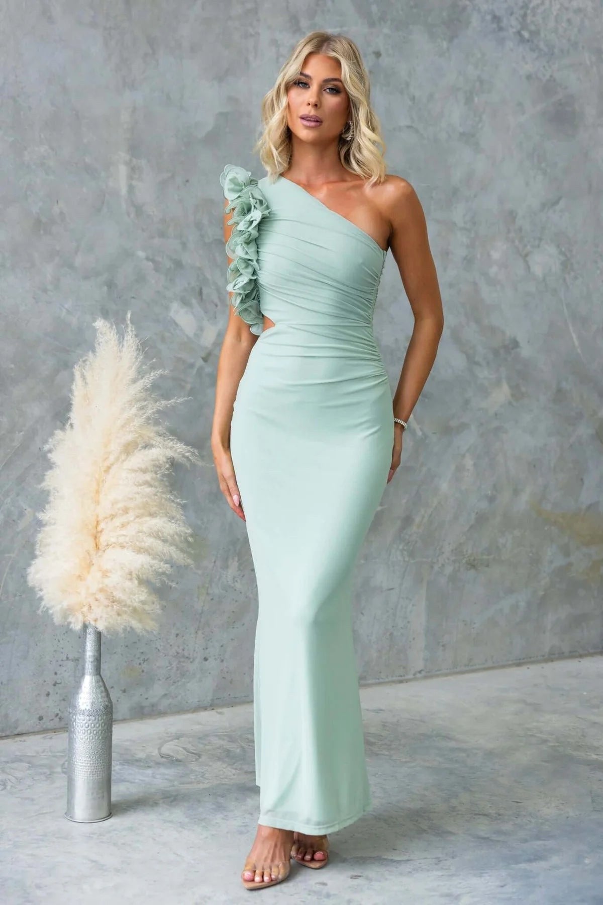 Claudine | Women's One-Shoulder Maxi Dress with Ruffled Detail, Fitted Evening Dress | Bella Blue