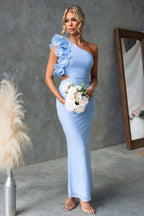 Claudine | Women's One-Shoulder Maxi Dress with Ruffled Detail, Fitted Evening Dress | Bella Blue