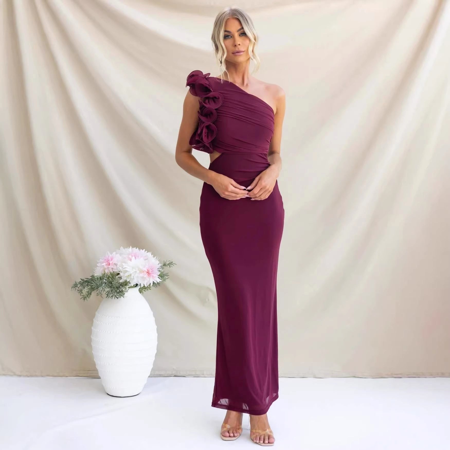 Claudine | Women's One-Shoulder Maxi Dress with Ruffled Detail, Fitted Evening Dress | Bella Blue | Black