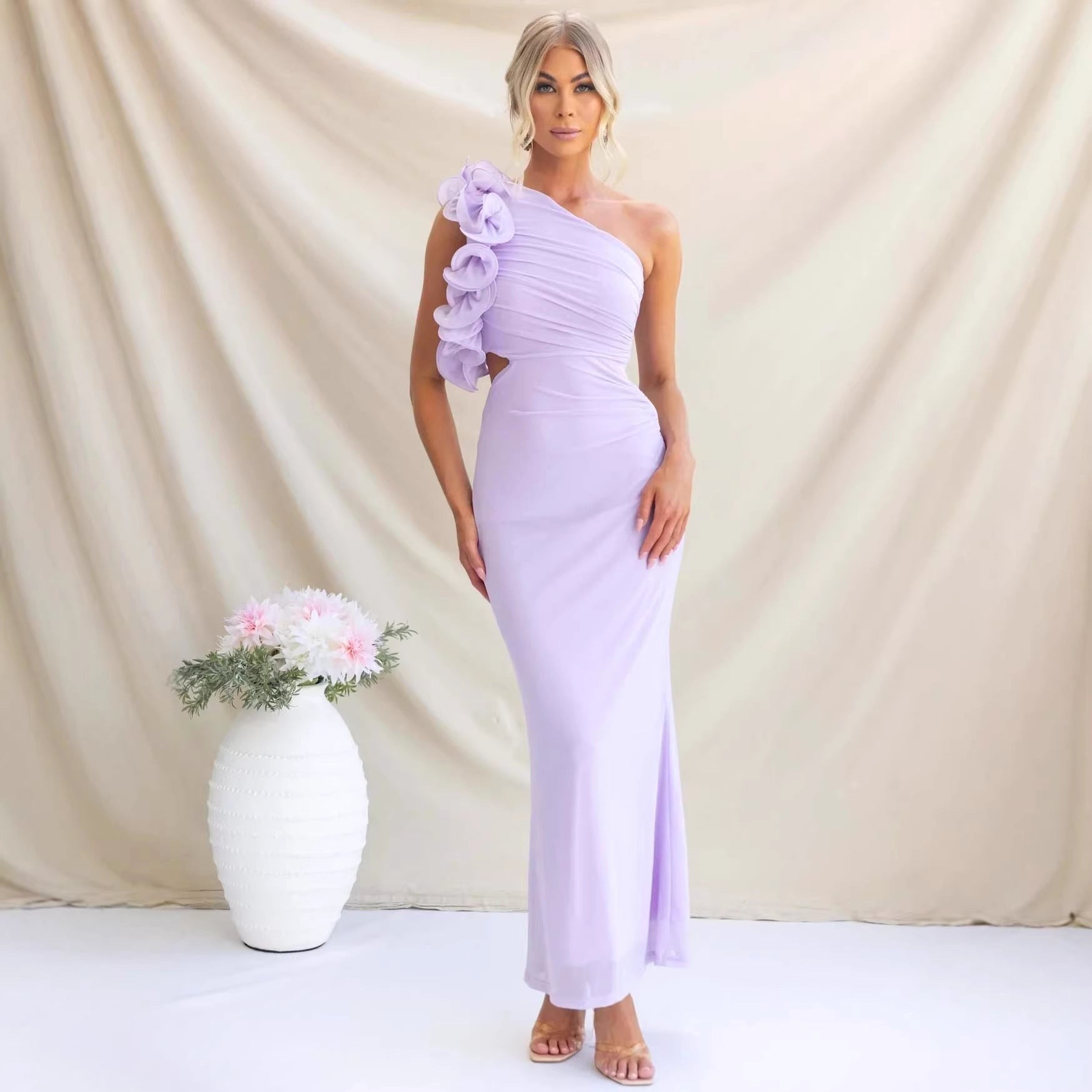 Claudine | Women's One-Shoulder Maxi Dress with Ruffled Detail, Fitted Evening Dress | Bella Blue | Sky Blue