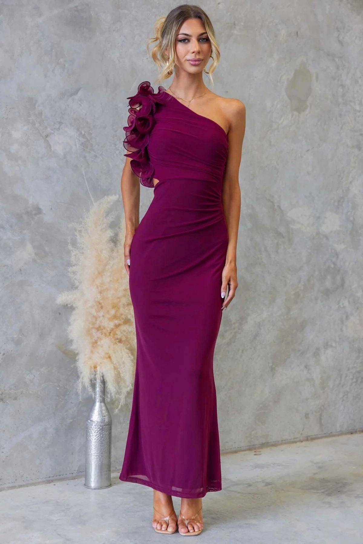 Claudine | Women's One-Shoulder Maxi Dress with Ruffled Detail, Fitted Evening Dress | Bella Blue | Coffee