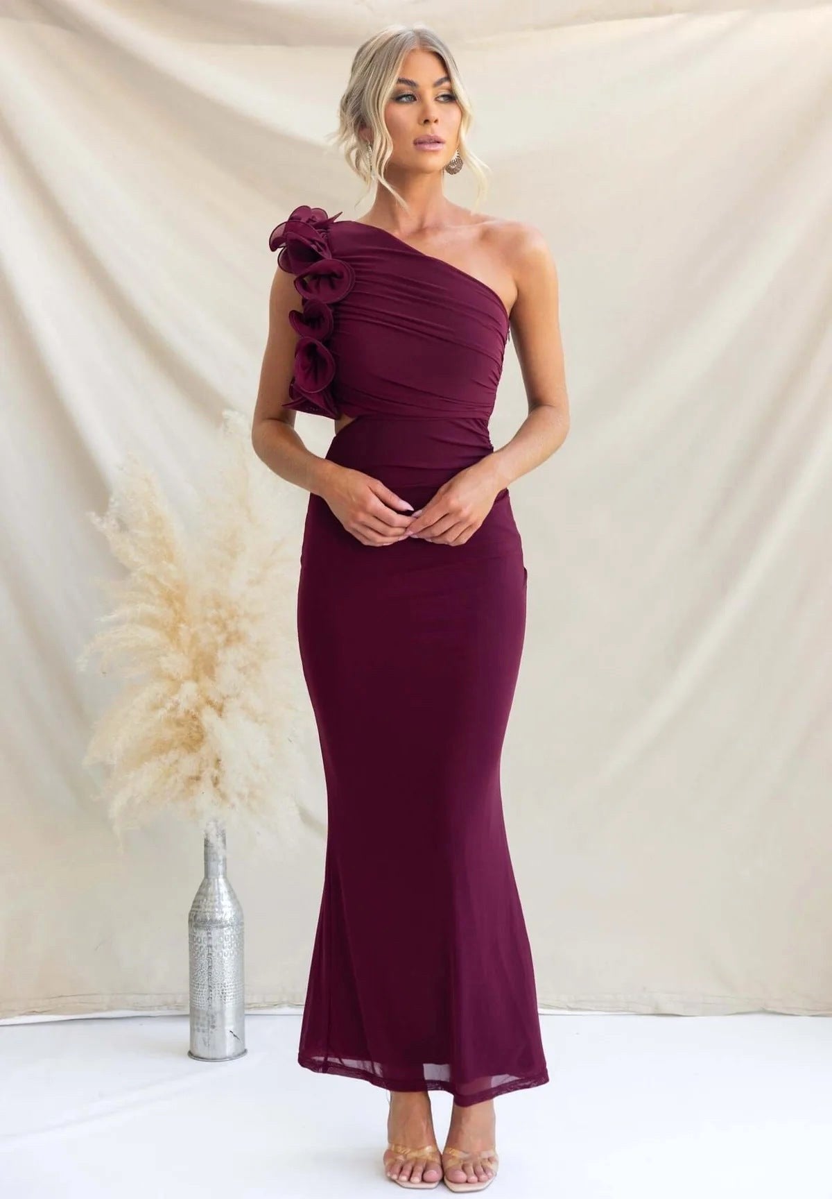 Claudine | Women's One-Shoulder Maxi Dress with Ruffled Detail, Fitted Evening Dress | Bella Blue | Light Yellow