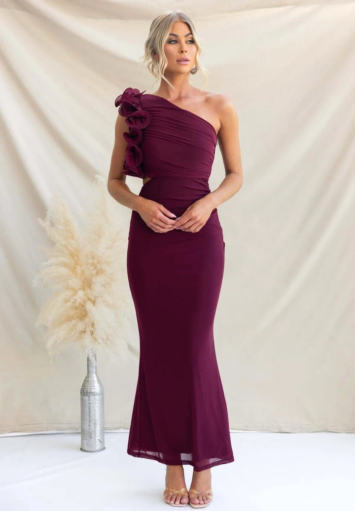 Claudine | Women's One-Shoulder Maxi Dress with Ruffled Detail, Fitted Evening Dress | Bella Blue | Light Yellow