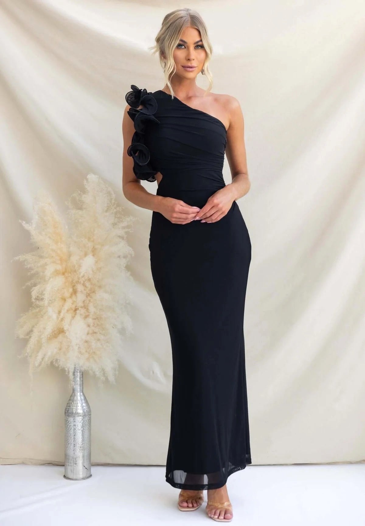 Claudine | Women's One-Shoulder Maxi Dress with Ruffled Detail, Fitted Evening Dress | Bella Blue | Red
