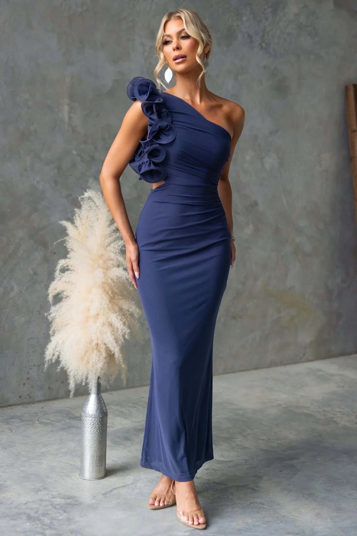 Claudine | Women's One-Shoulder Maxi Dress with Ruffled Detail, Fitted Evening Dress | Bella Blue | Green