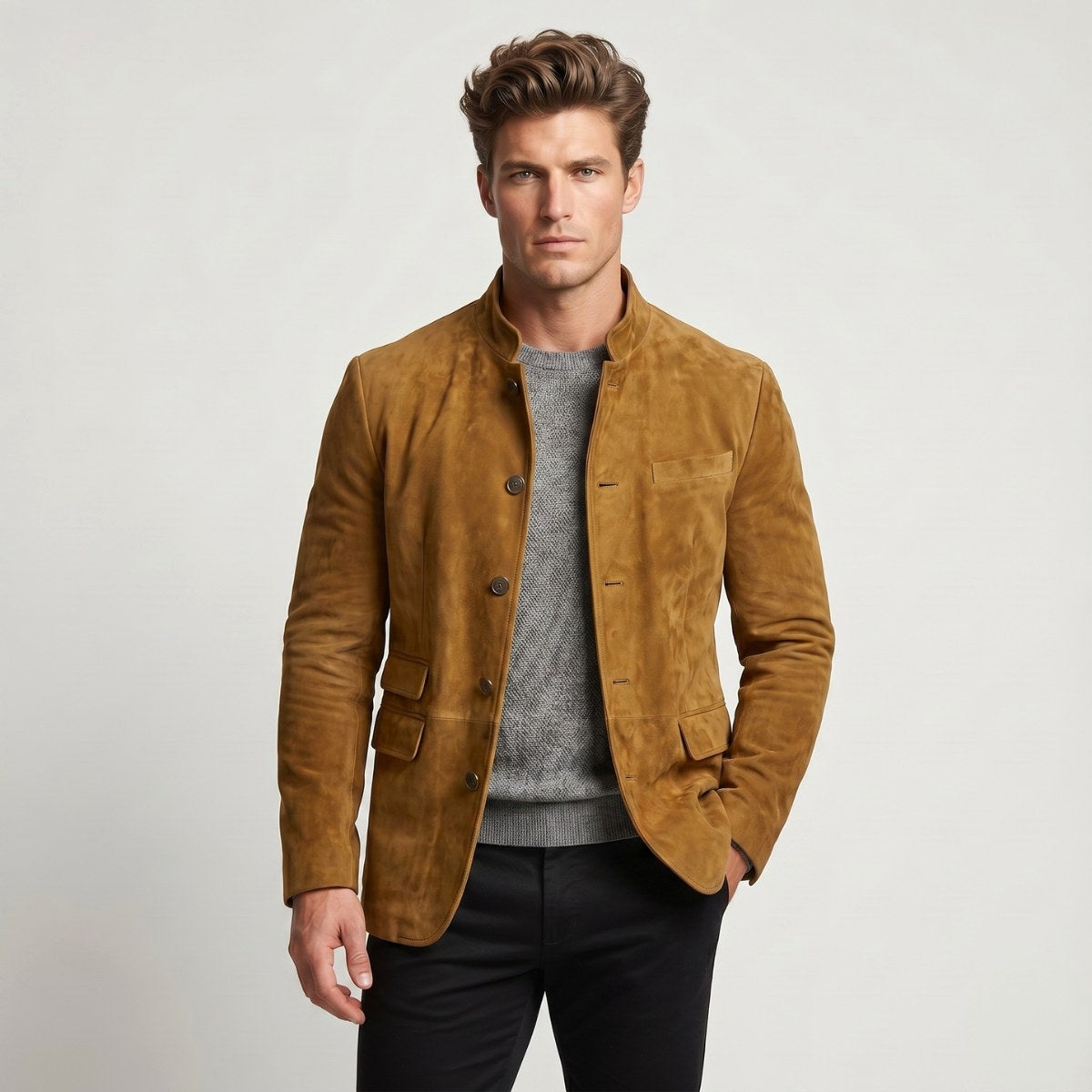 Clayton | Men's Single-Breasted Suede Blazer Jacket, Casual Smart Coat | Bella Blue | Blue