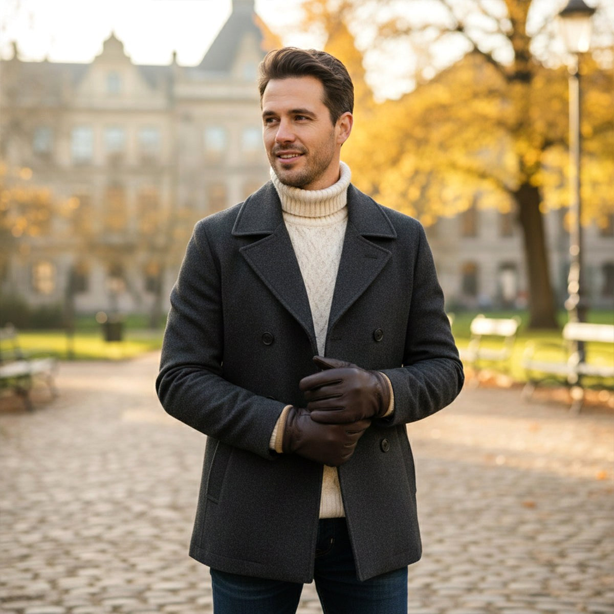 Cody | Men's Faux Leather Winter Driving Gloves, Wool-Lined Warm Gloves | Bella Blue