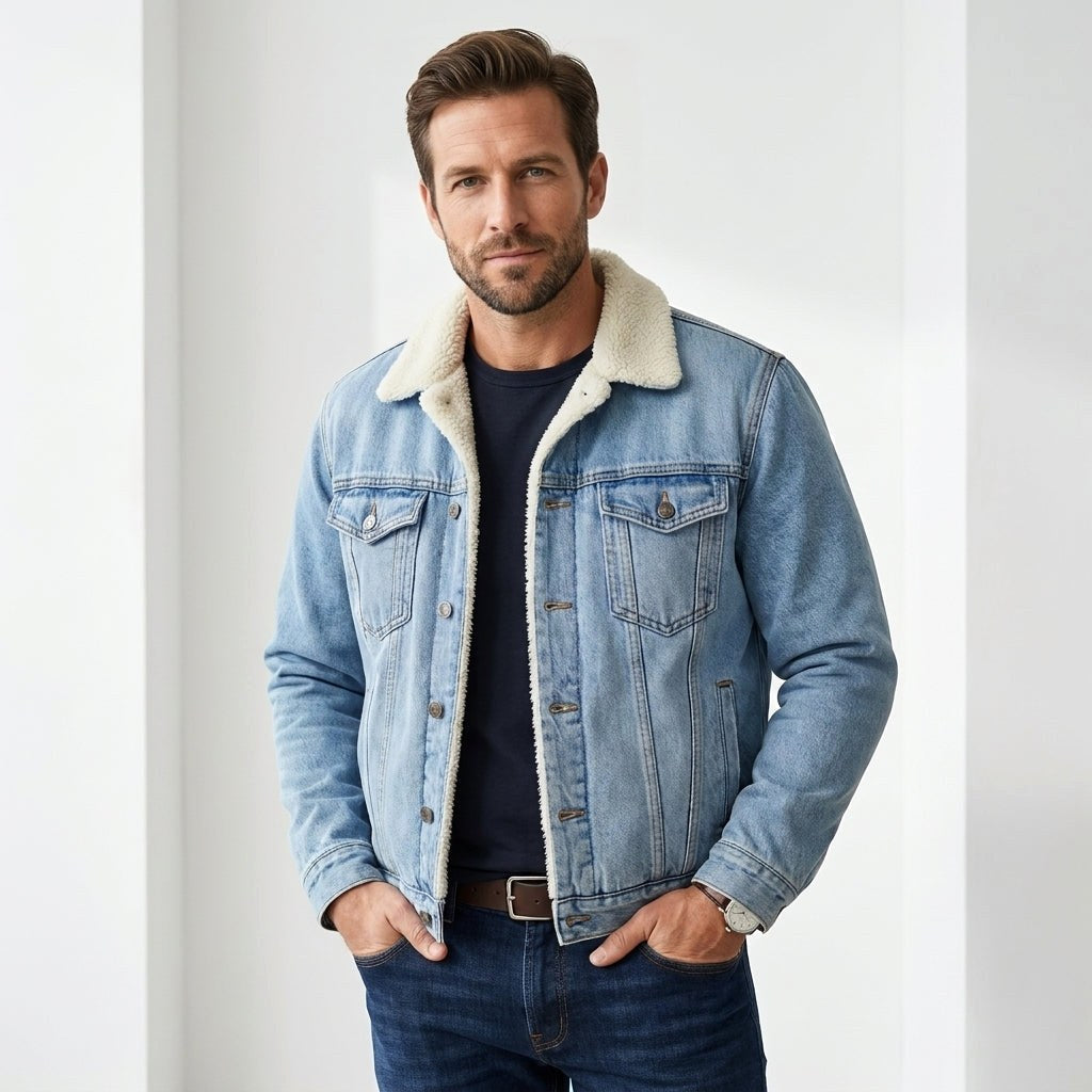 Cole | Men's Denim Trucker Jacket with Fleece Lining, Insulated Winter Jacket | Bella Blue