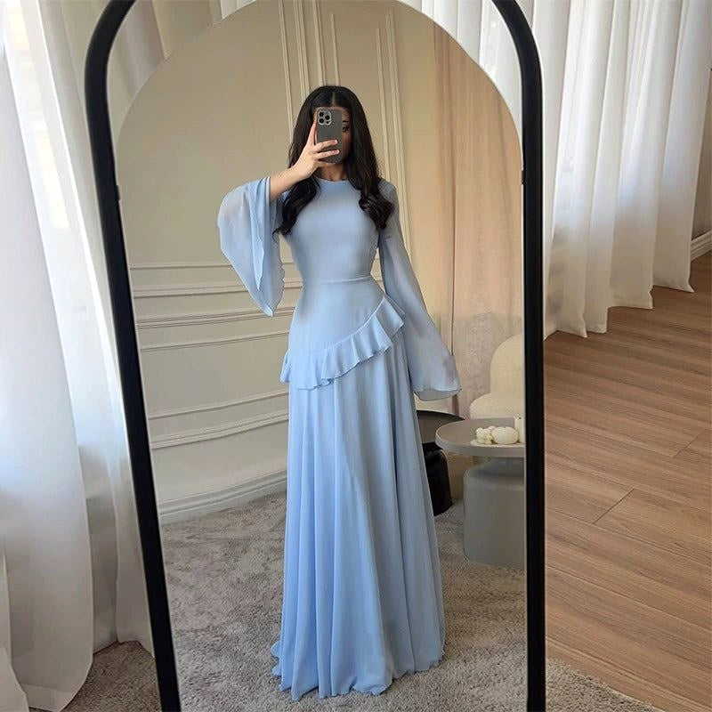 Colette | Women's Tiered Maxi Dress with Bell Sleeves, Formal Wedding Guest Dress | Bella Blue | Light Blue