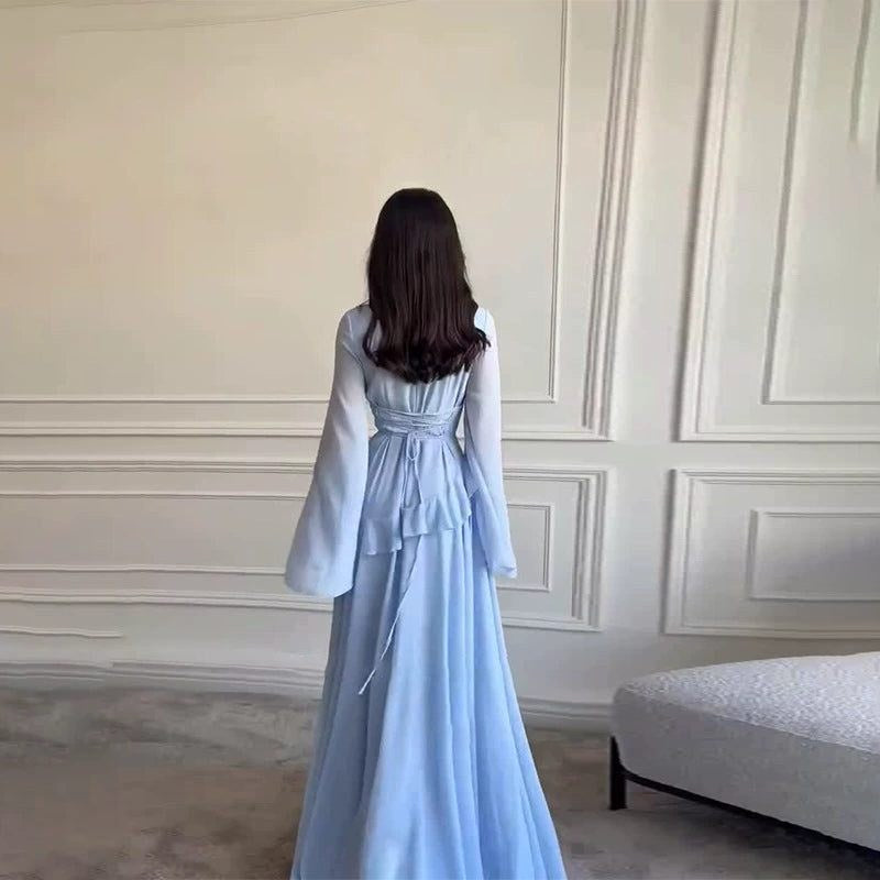 Colette | Women's Tiered Maxi Dress with Bell Sleeves, Formal Wedding Guest Dress | Bella Blue | Light Yellow