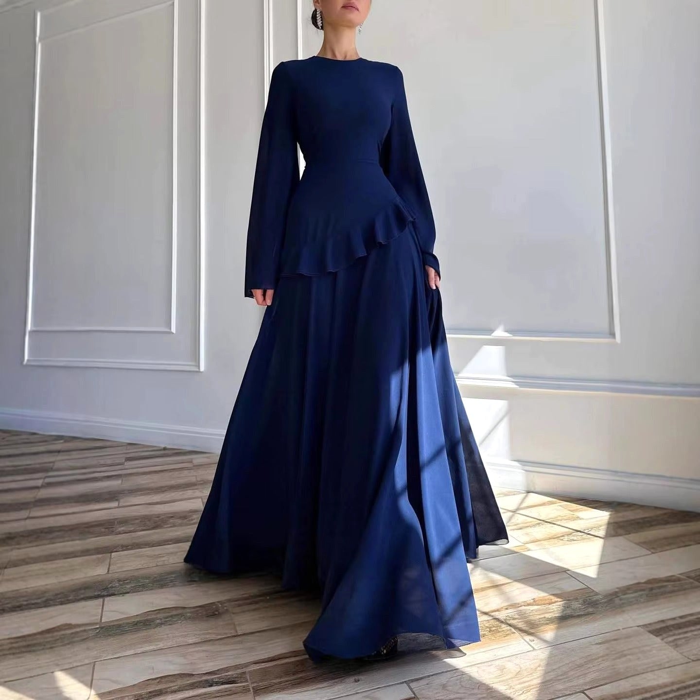 Colette | Women's Tiered Maxi Dress with Bell Sleeves, Formal Wedding Guest Dress | Bella Blue
