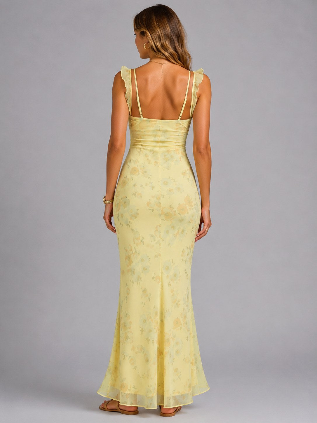 Connie | Women's Floral Maxi Dress with Ruffle Straps, Summer Evening Dress | Bella Blue