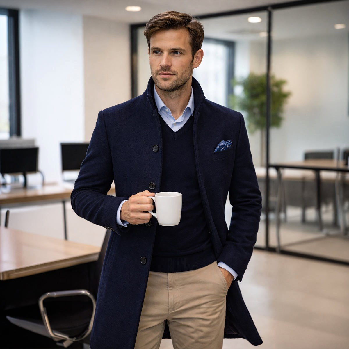 Cooper | Men's Wool Blend Single Breasted Trench Coat, Tailored Autumn Coat | Bella Blue