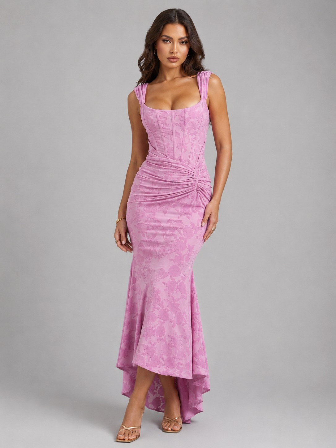 Cora | Women's Floral Corset Maxi Dress, Asymmetrical Hem Maxi Dress | Bella Blue | Pink