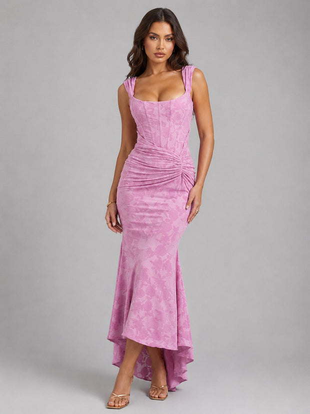 Cora | Women's Floral Corset Maxi Dress, Asymmetrical Hem Maxi Dress | Bella Blue | Pink