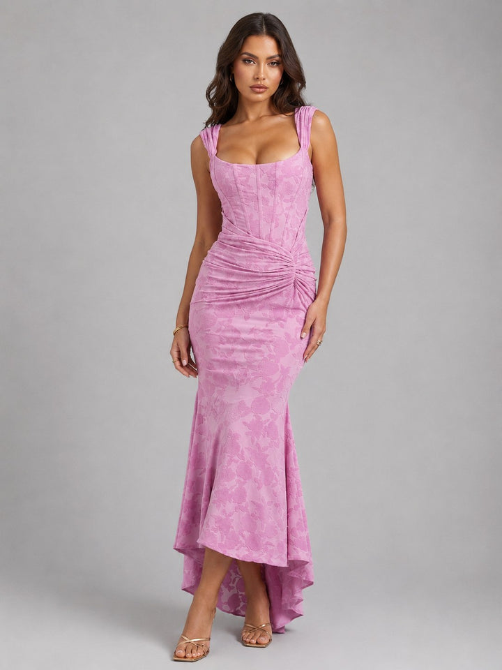 Cora | Women's Floral Corset Maxi Dress, Asymmetrical Hem Maxi Dress | Bella Blue | Pink