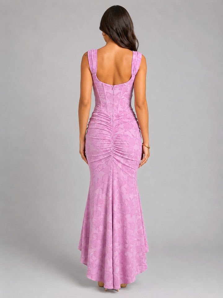 Cora | Women's Floral Corset Maxi Dress, Asymmetrical Hem Maxi Dress | Bella Blue | White