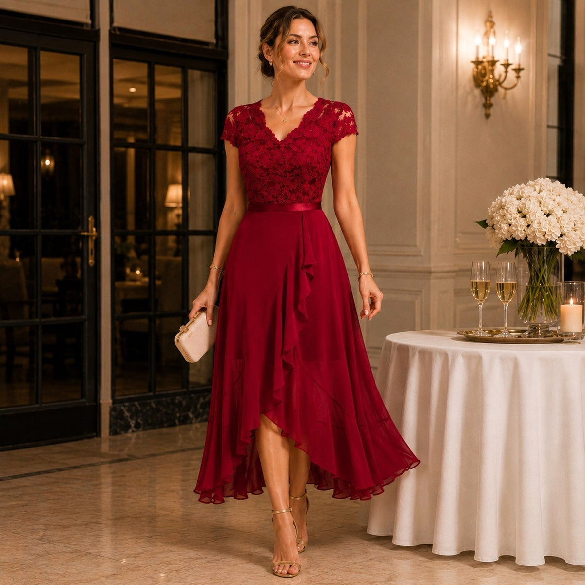 Cora | Women's Lace Midi Dress, Burgundy V-Neck Occasion Dress | Bella Blue