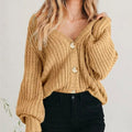 Coralie | Women's Oversized Chunky Cardigan, V-Neck Balloon Sleeve Knit | Bella Blue | Khaki
