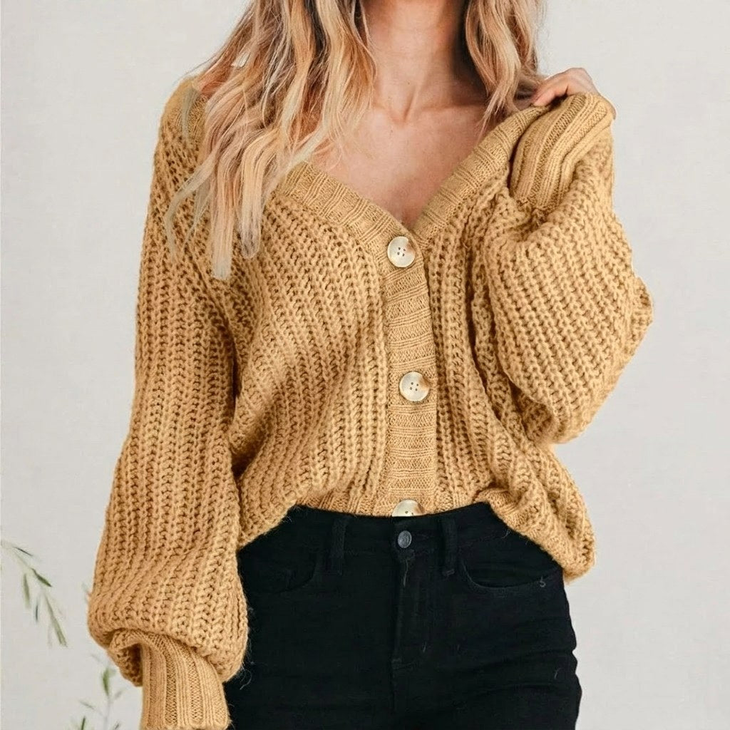 Coralie | Women's Oversized Chunky Cardigan, V-Neck Balloon Sleeve Knit | Bella Blue | Khaki