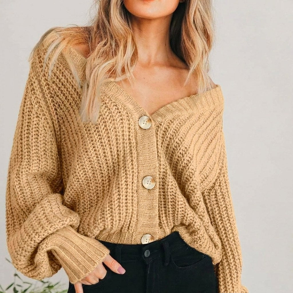 Coralie | Women's Oversized Chunky Cardigan, V-Neck Balloon Sleeve Knit | Bella Blue | Beige