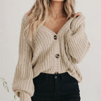Coralie | Women's Oversized Chunky Cardigan, V-Neck Balloon Sleeve Knit | Bella Blue | Grey