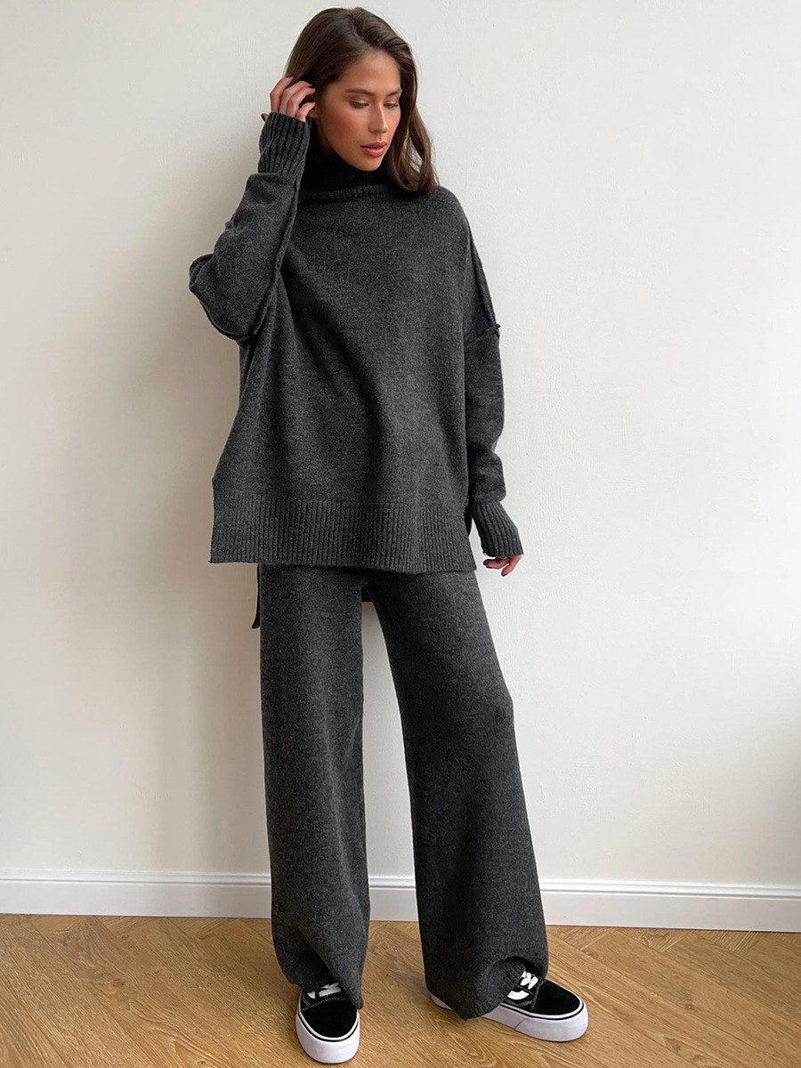 Corinne | Women's Oversized Two-Piece Set, Wide-Leg Turtleneck Lounge Set | Bella Blue