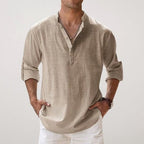 Daniel | Men's Relaxed Linen Shirt with Long Sleeves, Rolled-Cuff Summer Shirt | Bella Blue | Khaki