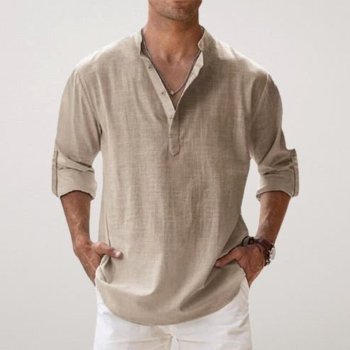 Daniel | Men's Relaxed Linen Shirt with Long Sleeves, Rolled-Cuff Summer Shirt | Bella Blue | Khaki