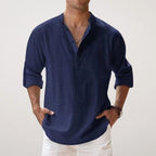 Daniel | Men's Relaxed Linen Shirt with Long Sleeves, Rolled-Cuff Summer Shirt | Bella Blue | Navy