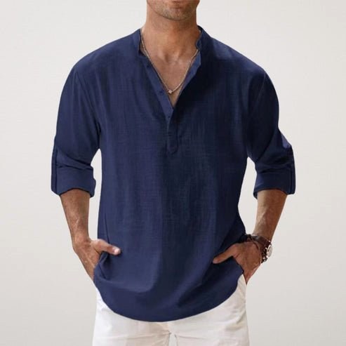 Daniel | Men's Relaxed Linen Shirt with Long Sleeves, Rolled-Cuff Summer Shirt | Bella Blue | Navy
