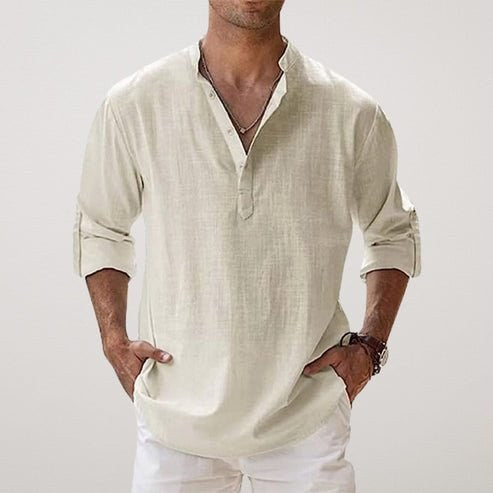 Daniel | Men's Relaxed Linen Shirt with Long Sleeves, Rolled-Cuff Summer Shirt | Bella Blue | Beige