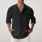 Daniel | Men's Relaxed Linen Shirt with Long Sleeves, Rolled-Cuff Summer Shirt | Bella Blue | Black