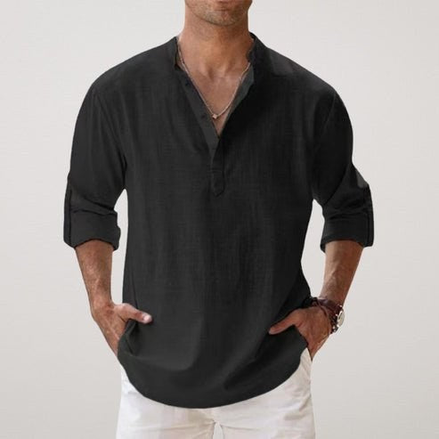 Daniel | Men's Relaxed Linen Shirt with Long Sleeves, Rolled-Cuff Summer Shirt | Bella Blue | Black