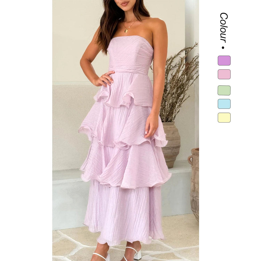 Danielle | Women's Strapless Tiered Maxi Dress, Ruffle Wedding Guest Dress | Bella Blue | Pink
