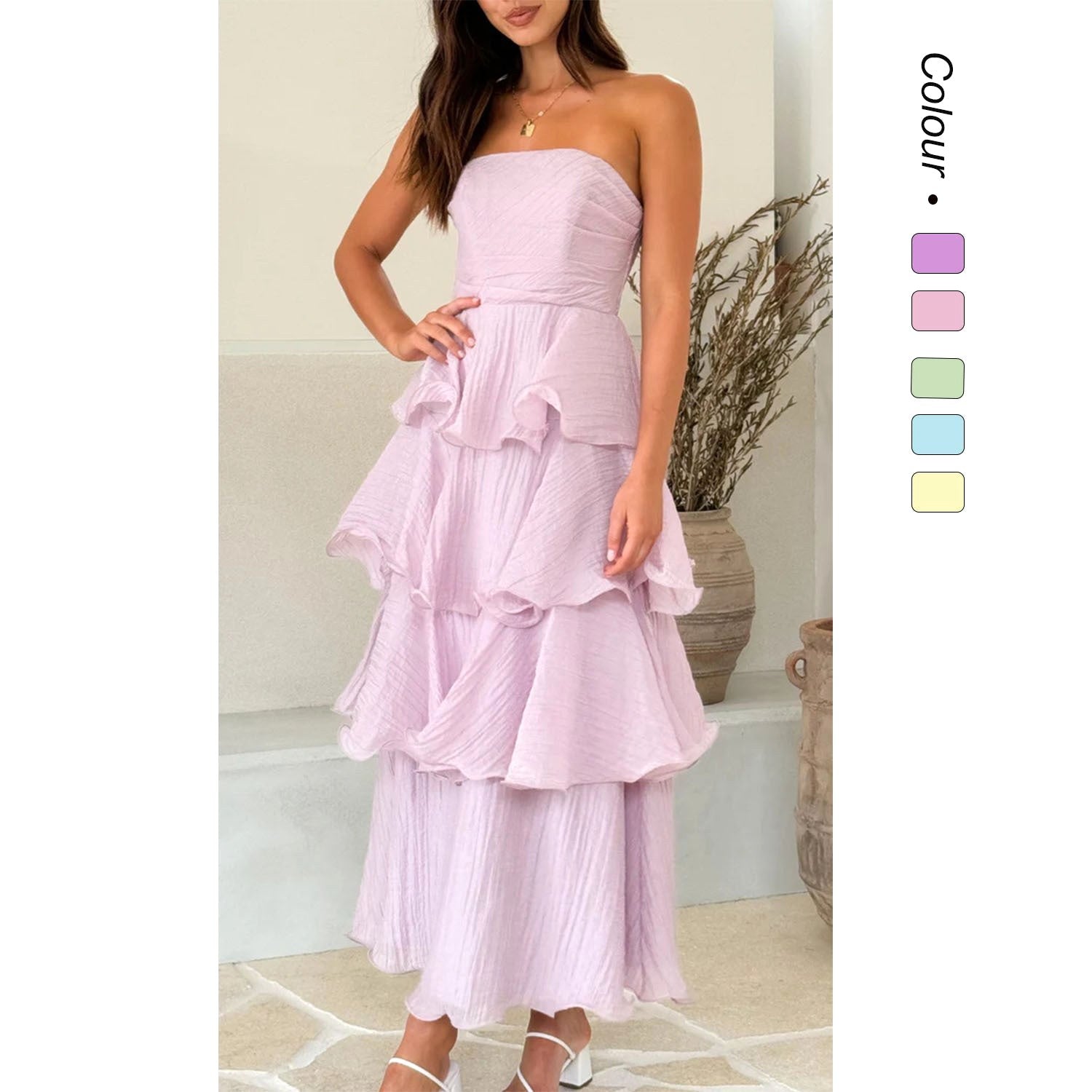 Danielle | Women's Strapless Tiered Maxi Dress, Ruffle Wedding Guest Dress | Bella Blue | Pink
