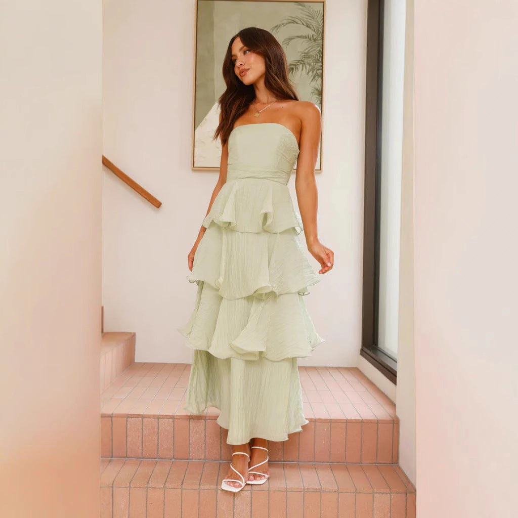 Danielle | Women's Strapless Tiered Maxi Dress, Ruffle Wedding Guest Dress | Bella Blue | Light Blue