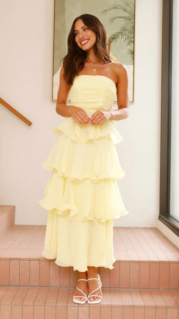 Danielle | Women's Strapless Tiered Maxi Dress, Ruffle Wedding Guest Dress | Bella Blue