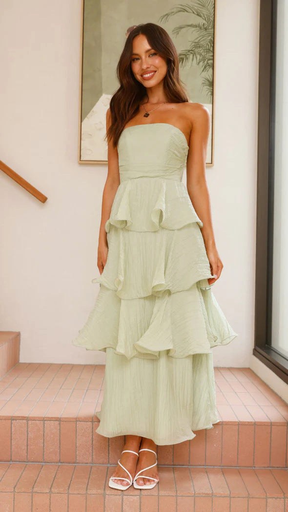 Danielle | Women's Strapless Tiered Maxi Dress, Ruffle Wedding Guest Dress | Bella Blue