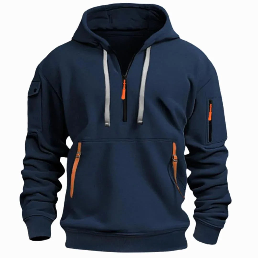 David | Men's Lightweight Hoodie with Adjustable Hood and Half-Zipper, Relaxed-Fit Hooded Jumper | Bella Blue